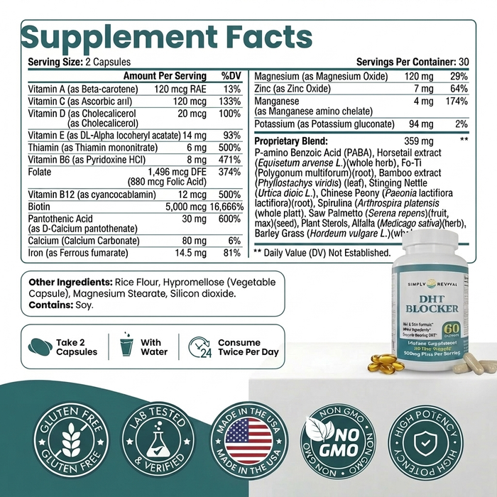 Natural DHT Blocker supplement facts, ingredients, and directions