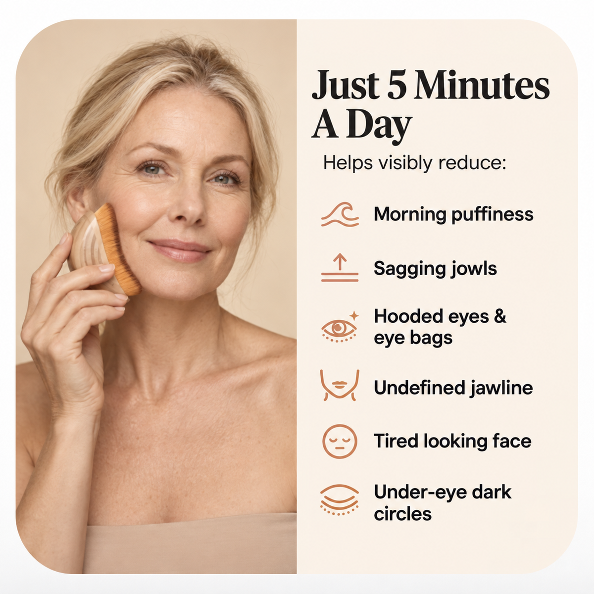 Woman using Aeki Lymphatic Face Brush for a five-minute routine