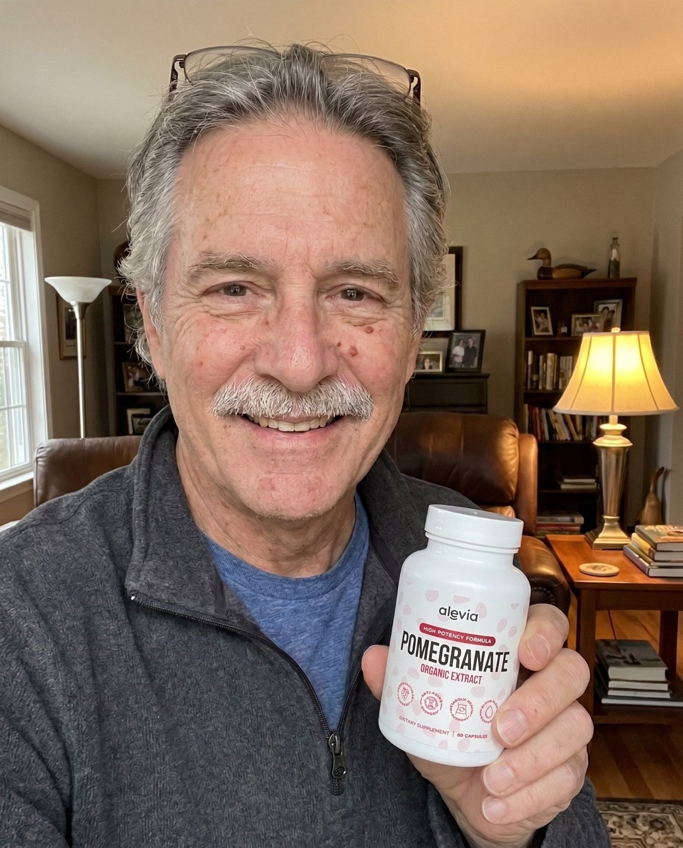 Man smiling while holding a bottle of Auniva Pomegranate
